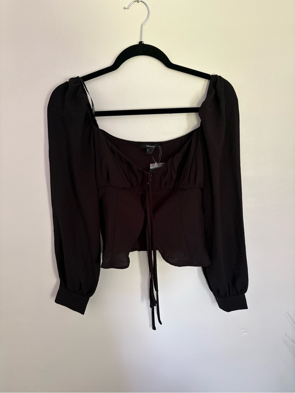 Forever 21 Black Puff-Sleeve Tie-Front Blouse